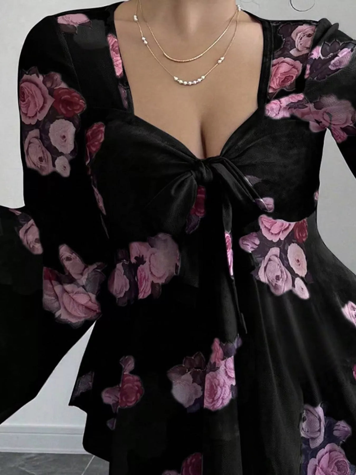 Floral Tie Front Blouse with Flare Sleeves and Bow Detail