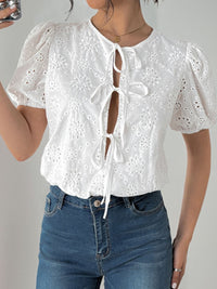 Perfee Tied Eyelet Short Sleeve Bodysuit Trandify Deal