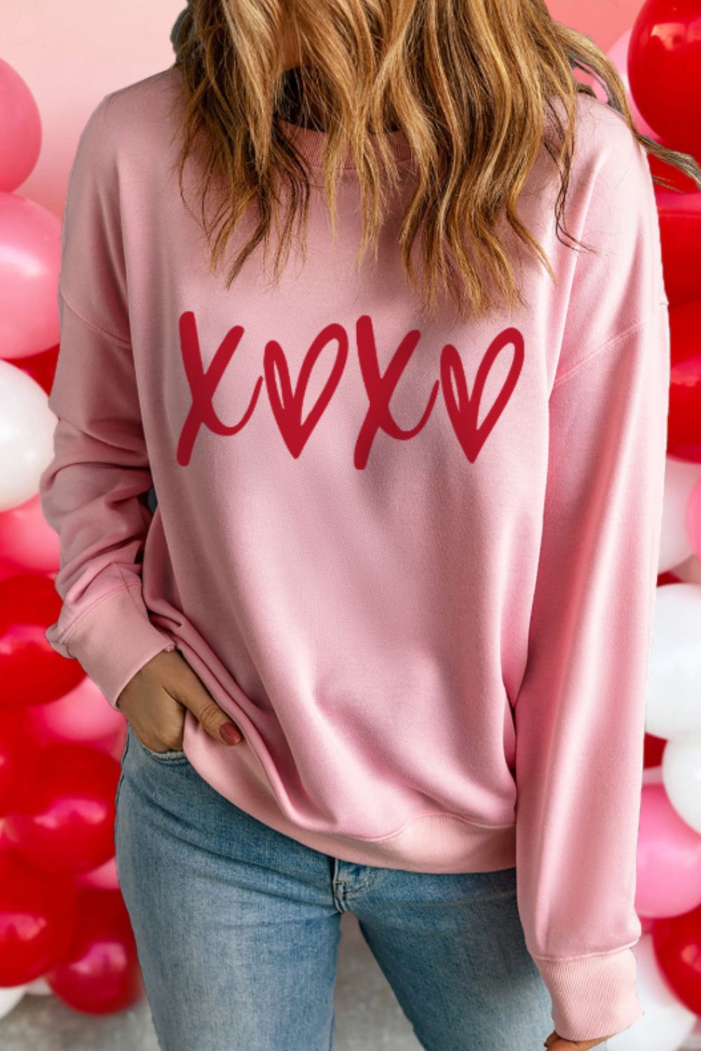 Valentine’s Day XOXO Round Neck Drop Shoulder Sweatshirt Trandify Deal