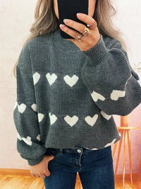 Women's Heart Pattern Sweater - Cute Dropped Shoulder Pullover