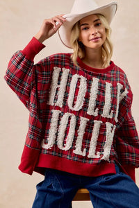 BiBi Women's Oversized Christmas Plaid Sweatshirt - Holly Jolly Holiday Party Top - Red Plaid Shirt