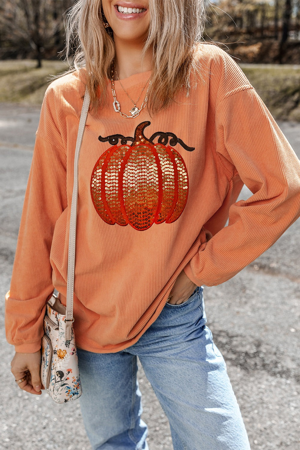 Sequin Pumpkin Round Neck Long Sleeve Sweatshirt Trandify Deal