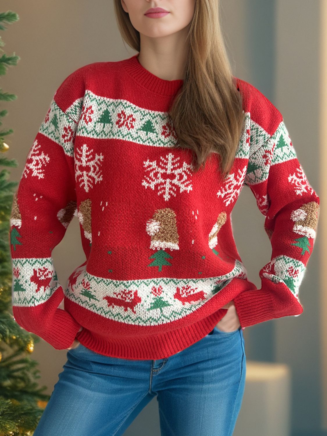 Christmas Element Round Neck Long Sleeve Sweater Trandify Deal