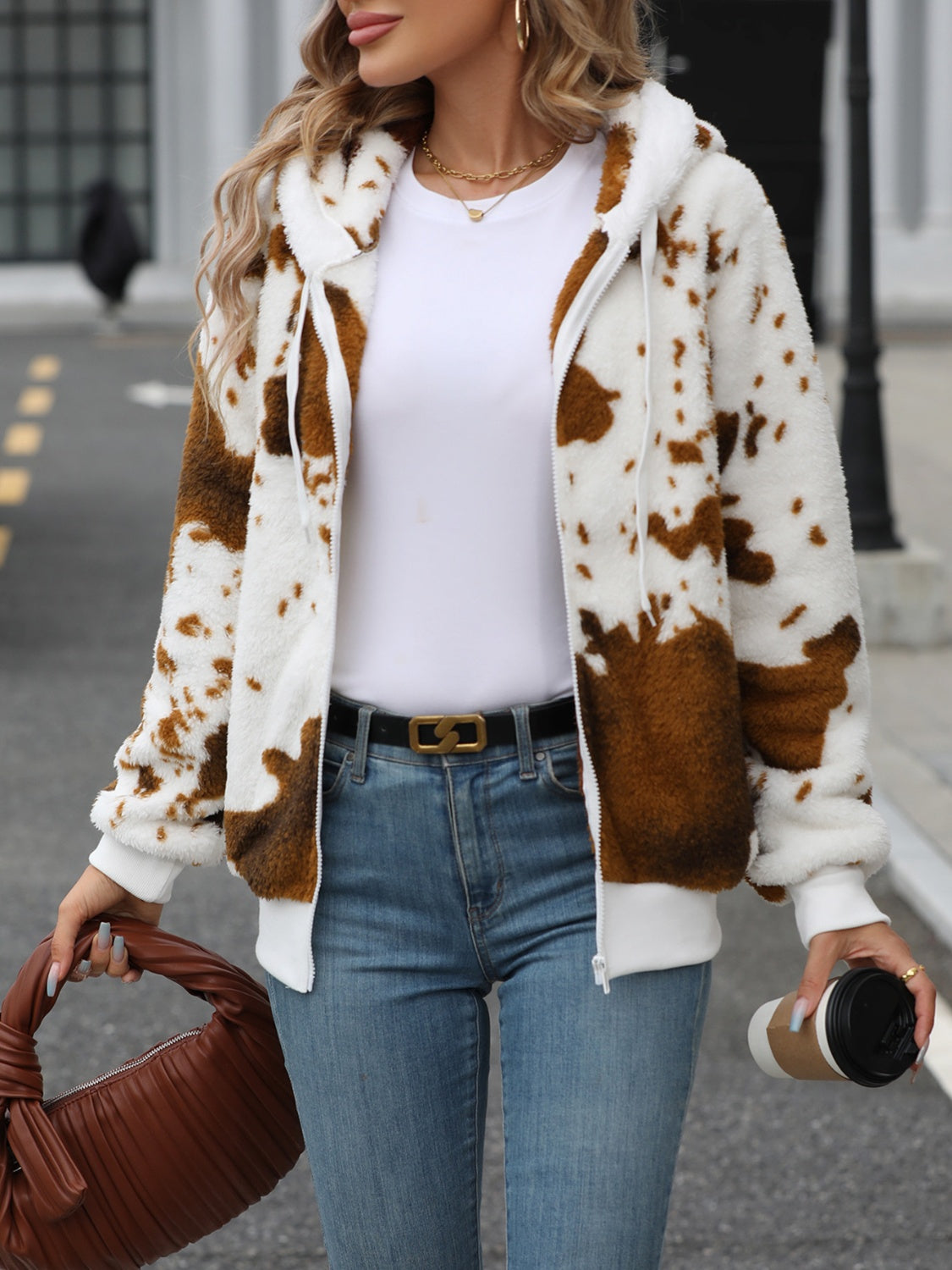 Fuzzy Drawstring Zip Up Hooded Jacket Trandify Deal