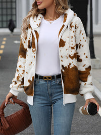 Fuzzy Drawstring Zip Up Hooded Jacket Trandify Deal