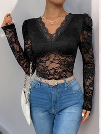 Perfee Lace V-Neck Long Sleeve Bodysuit Trandify Deal