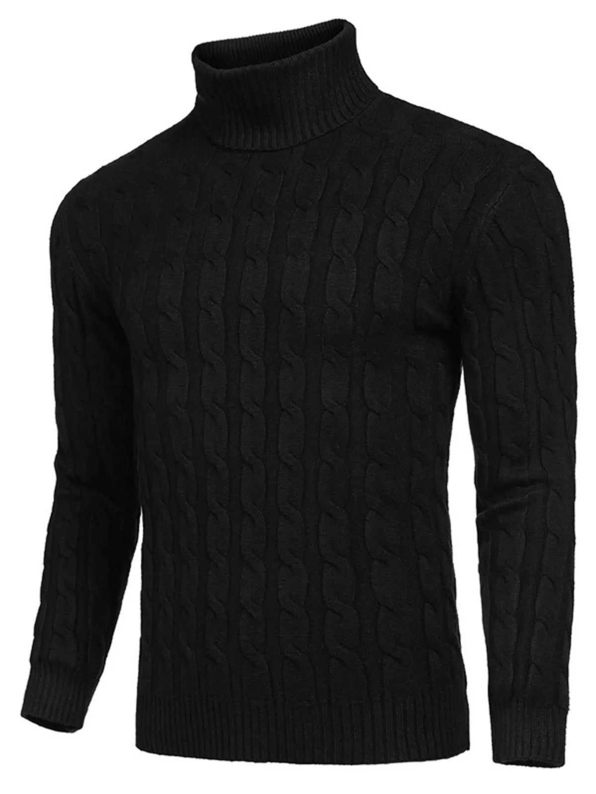 Men's Cable Knit Turtleneck Sweater worn by a model in Black