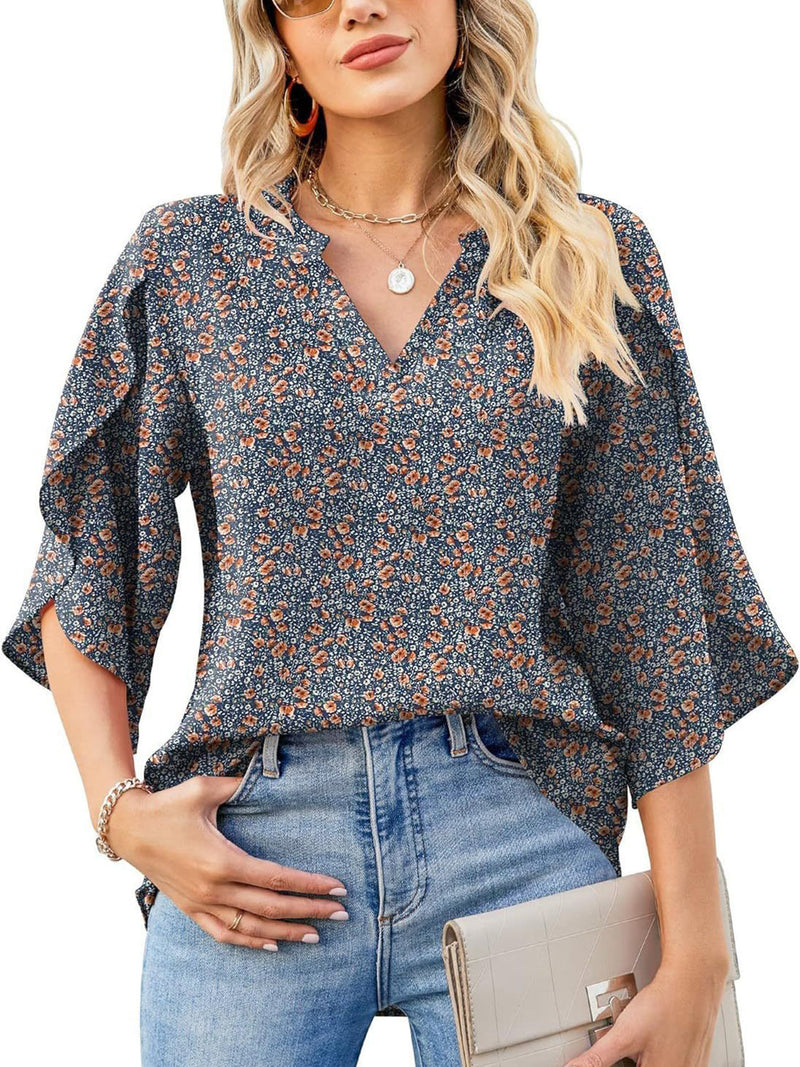 Printed Notched Half Sleeve Blouse Trandify Deal