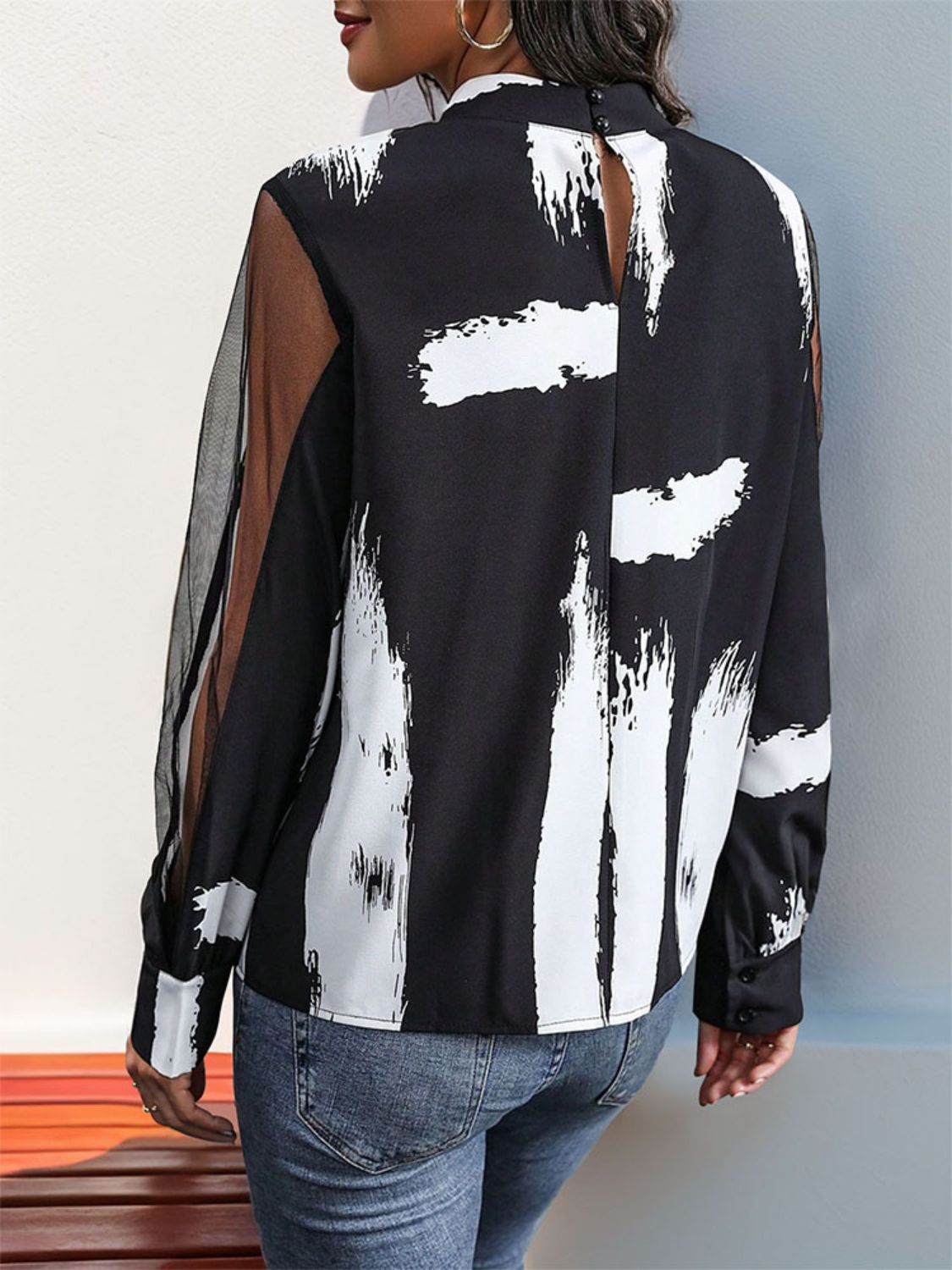 Mock Neck Mesh Long Sleeve Blouse Trandify Deal