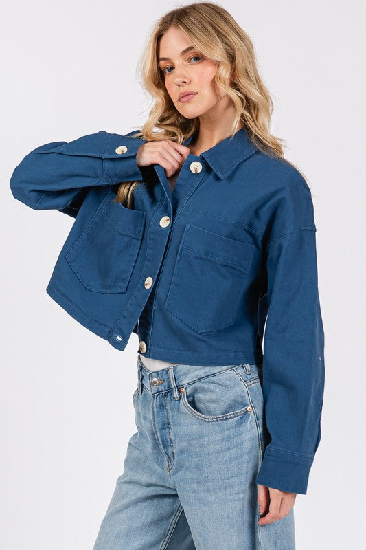 bytos Button Down Cropped Denim Jacket with Patch Pockets Trandify deal