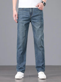 Men's straight fit jeans in a dark wash, front view.