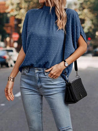 Swiss Dot Mock Neck Half Sleeve Blouse Trandify deal