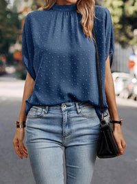 Swiss Dot Mock Neck Half Sleeve Blouse Trandify deal