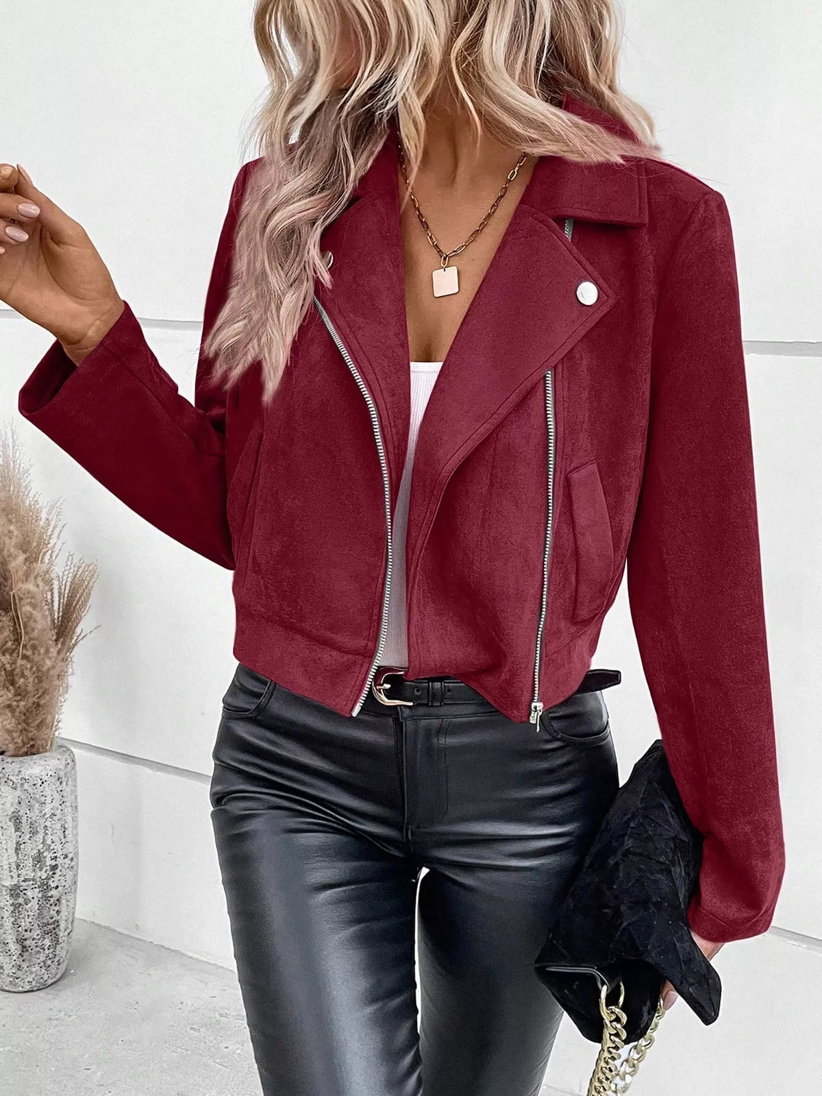 Women's Faux Leather Moto Jacket - Biker Style Zip Detail