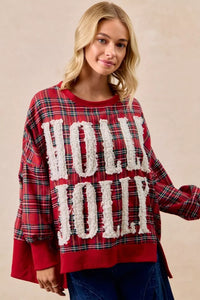 BiBi Women's Oversized Christmas Plaid Sweatshirt - Holly Jolly Holiday Party Top - Red Plaid Shirt