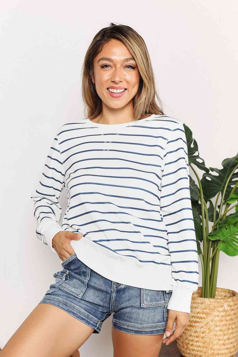 Double Take Striped Long Sleeve Round Neck Top Trandify deal