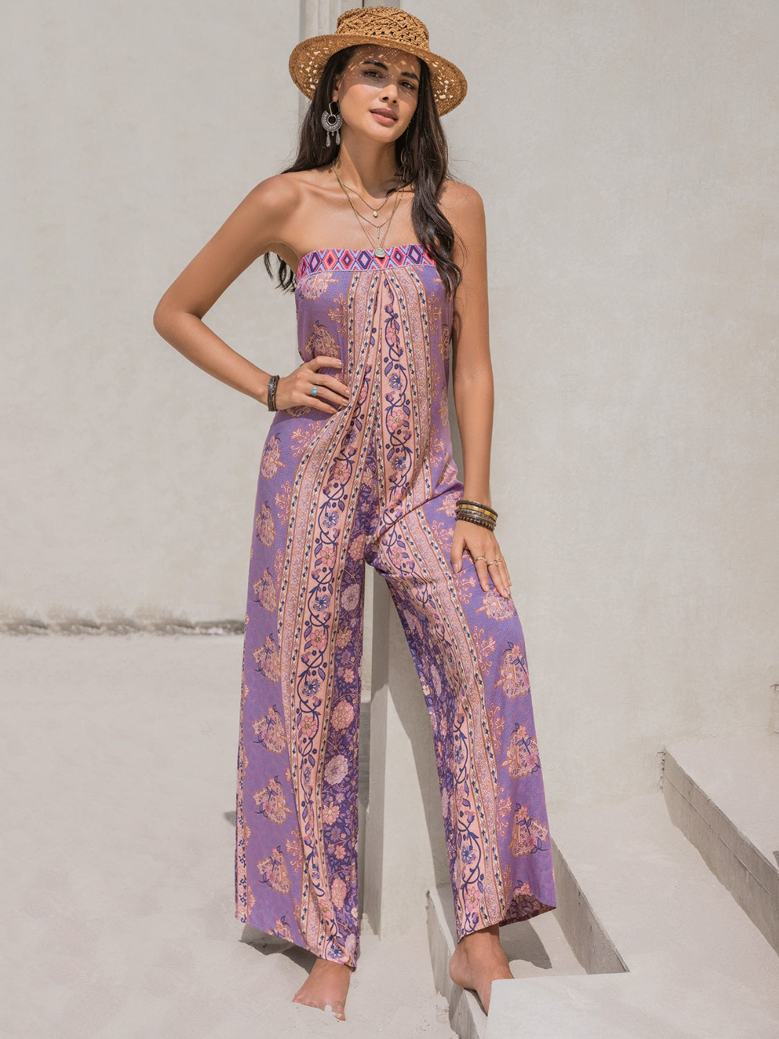 Tied Printed Tube Wide Leg Jumpsuit Trandify deal