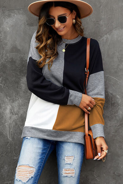 Color Block Round Neck Sweatshirt Trandify deal