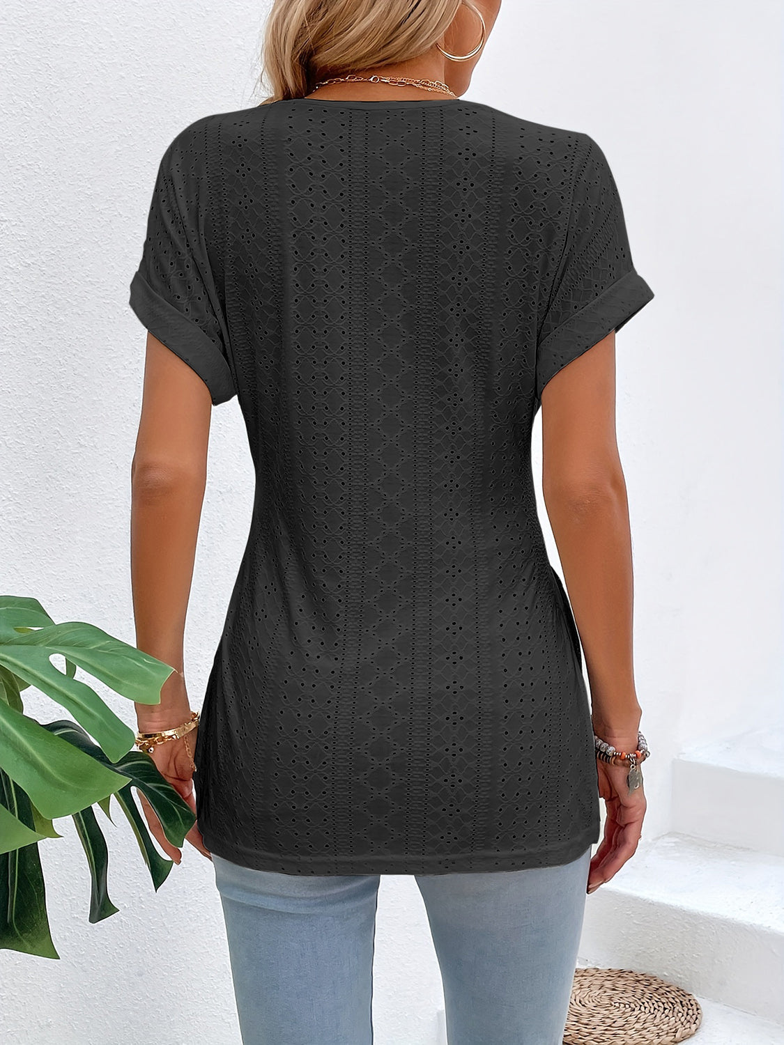 Slit Eyelet V-Neck Short Sleeve Blouse Trandify deal