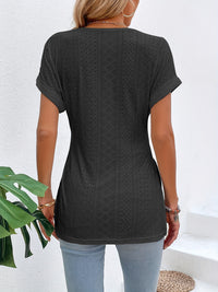 Slit Eyelet V-Neck Short Sleeve Blouse Trandify deal