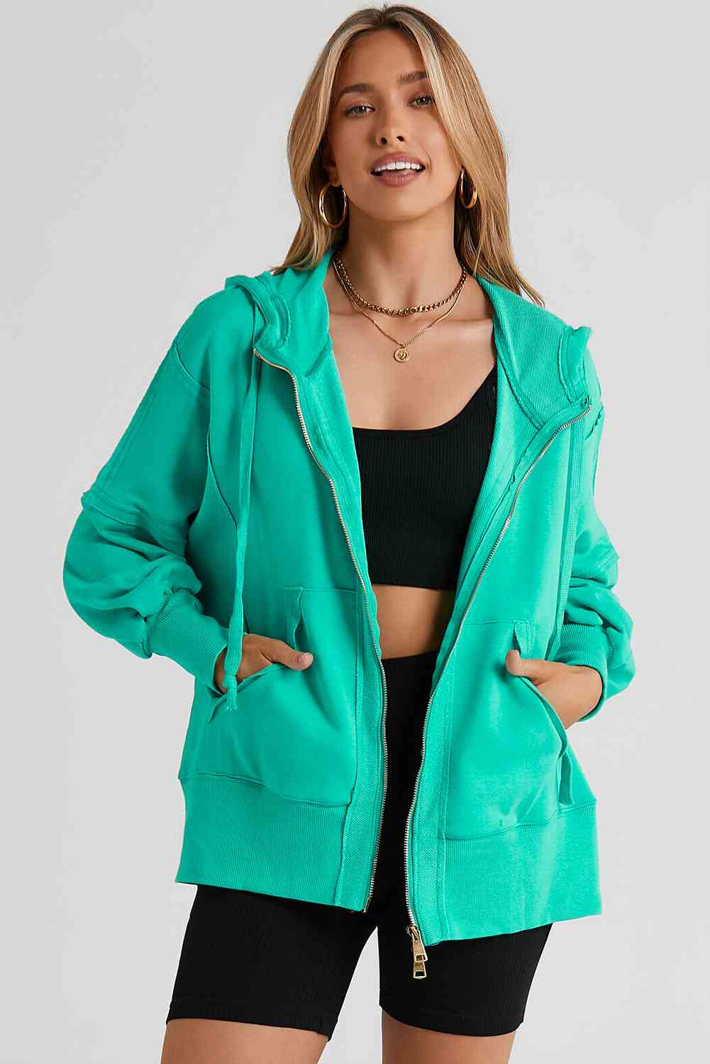 Zip Up Long Sleeve Drawstring Hoodie Trandify deal