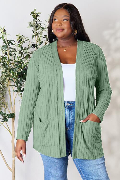 Basic Bae Full Size Ribbed Open Front Cardigan with Pockets Trandify deal