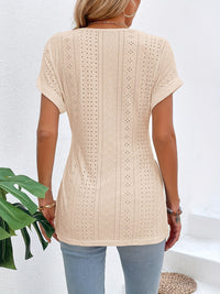 Slit Eyelet V-Neck Short Sleeve Blouse Trandify deal