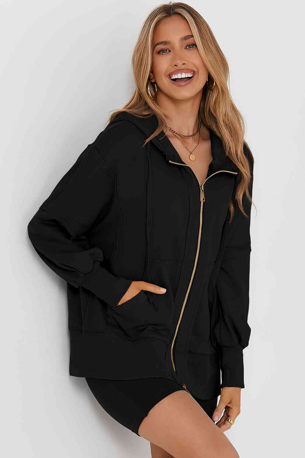 Zip Up Long Sleeve Drawstring Hoodie Trandify deal