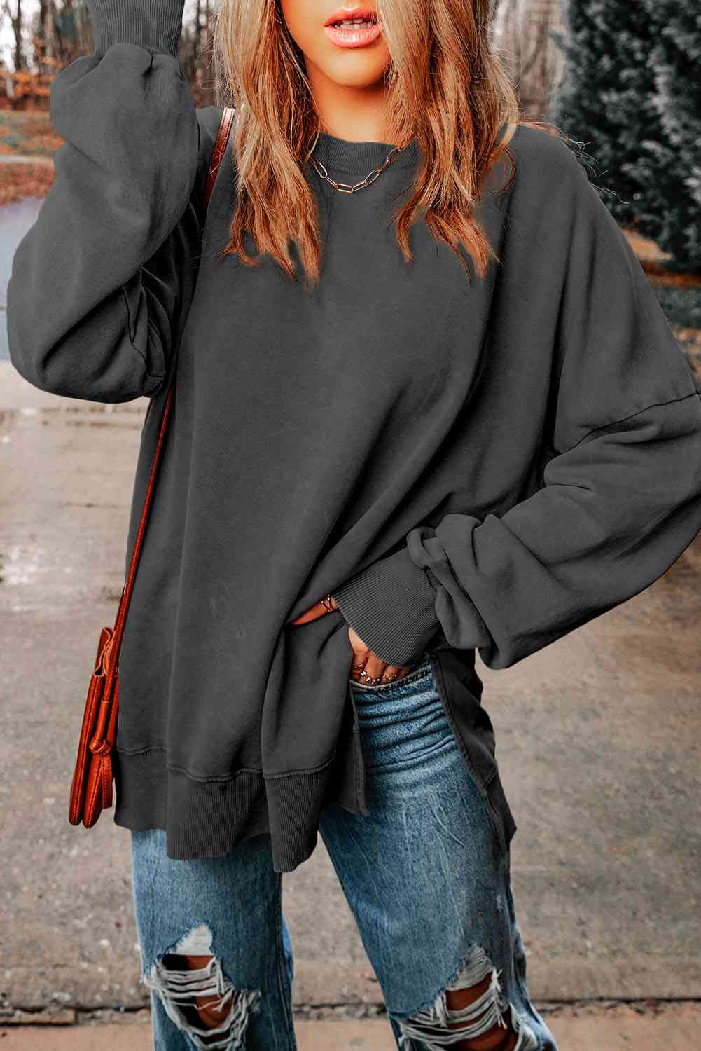 Dropped Shoulder Round Neck Long Sleeve Blouse Trandify deal