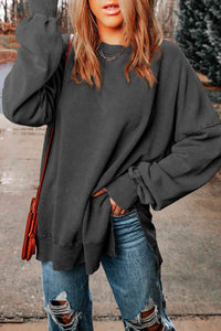 Dropped Shoulder Round Neck Long Sleeve Blouse Trandify deal