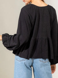 Notched Balloon Sleeve Peplum Blouse Trandify deal