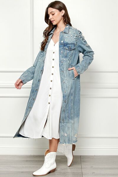 Veveret Full Size Distressed Raw Hem Pearl Detail Button Up Jacket Trandify deal