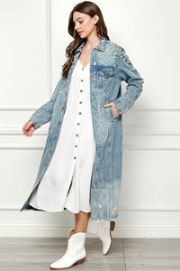 Veveret Full Size Distressed Raw Hem Pearl Detail Button Up Jacket Trandify deal