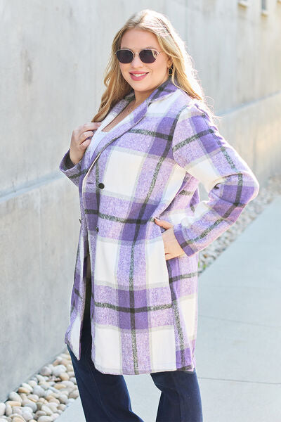Double Take Full Size Plaid Button Up Lapel Collar Coat Trandify deal