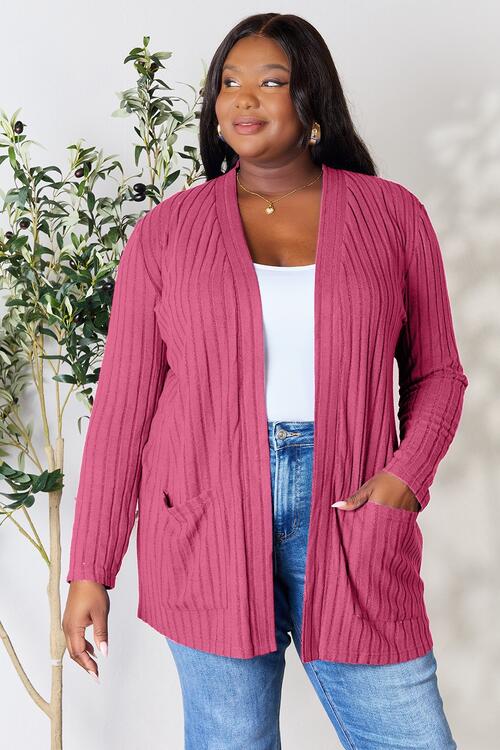Basic Bae Full Size Ribbed Open Front Cardigan with Pockets Trandify deal