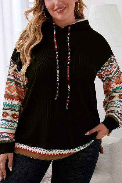 Plus Size Waffle-Knit Geometric Dropped Shoulder Hoodie Trandify deal