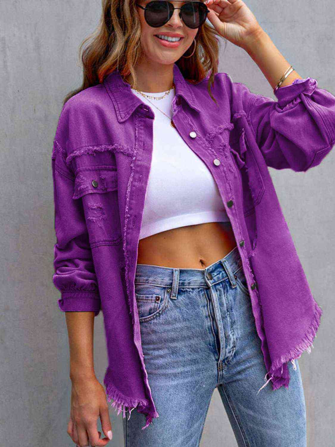 Distressed Drop Shoulder Denim Jacket - Trandify Deal