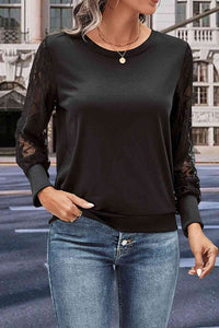Round Neck Lace Trim Long Sleeve Sweatshirt Trandify deal
