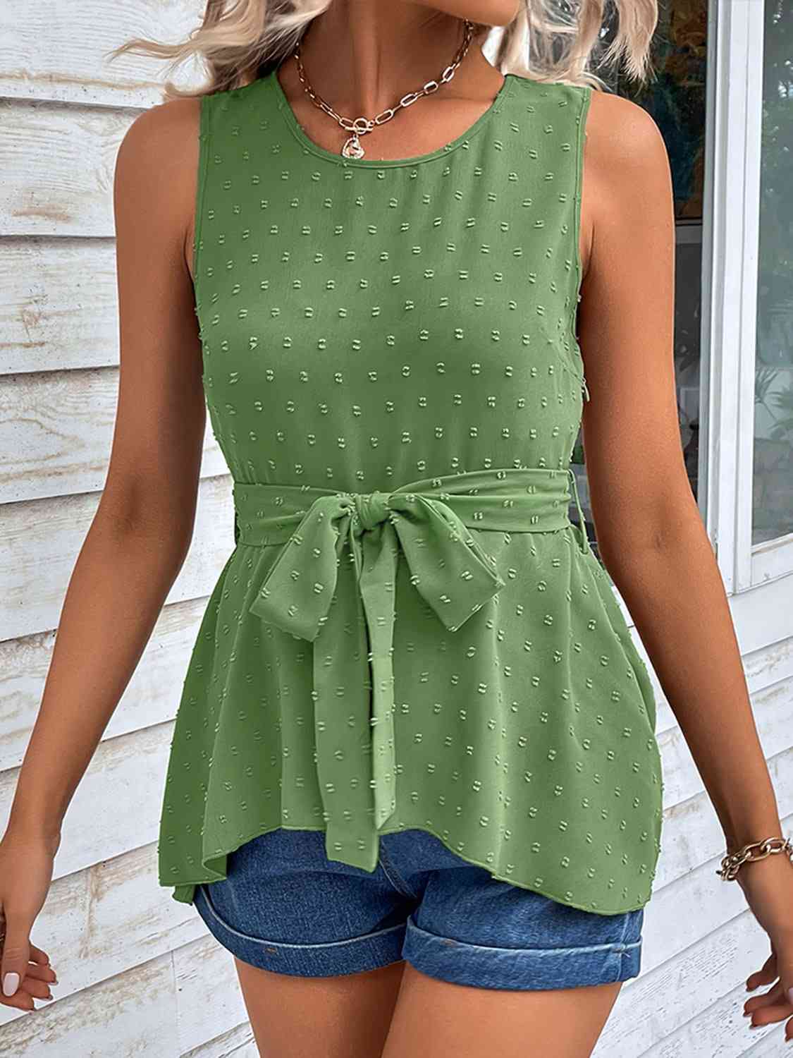 Swiss Dot Tie Waist Tank Top Trandify deal