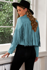Fringe Trim Lapel Collar Cropped Blazer - Trandify Deal