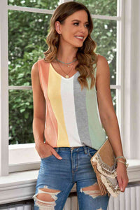 Multicolored Striped Waffle-Knit Sleeveless Tank Trandify deal
