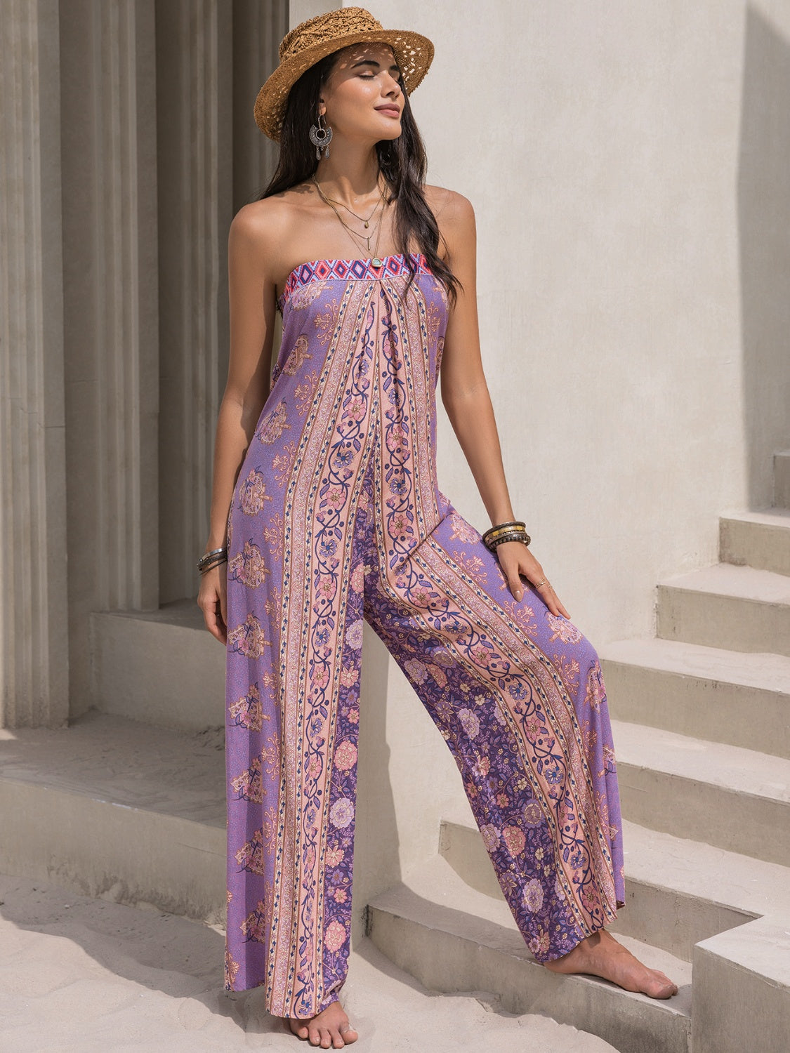 Tied Printed Tube Wide Leg Jumpsuit Trandify deal