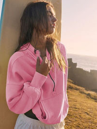 Half Zip Pocketed Dropped Shoulder Hoodie Trandify deal