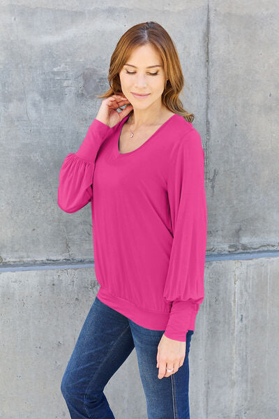 Basic Bae Full Size V-Neck Lantern Sleeve Blouse Trandify deal
