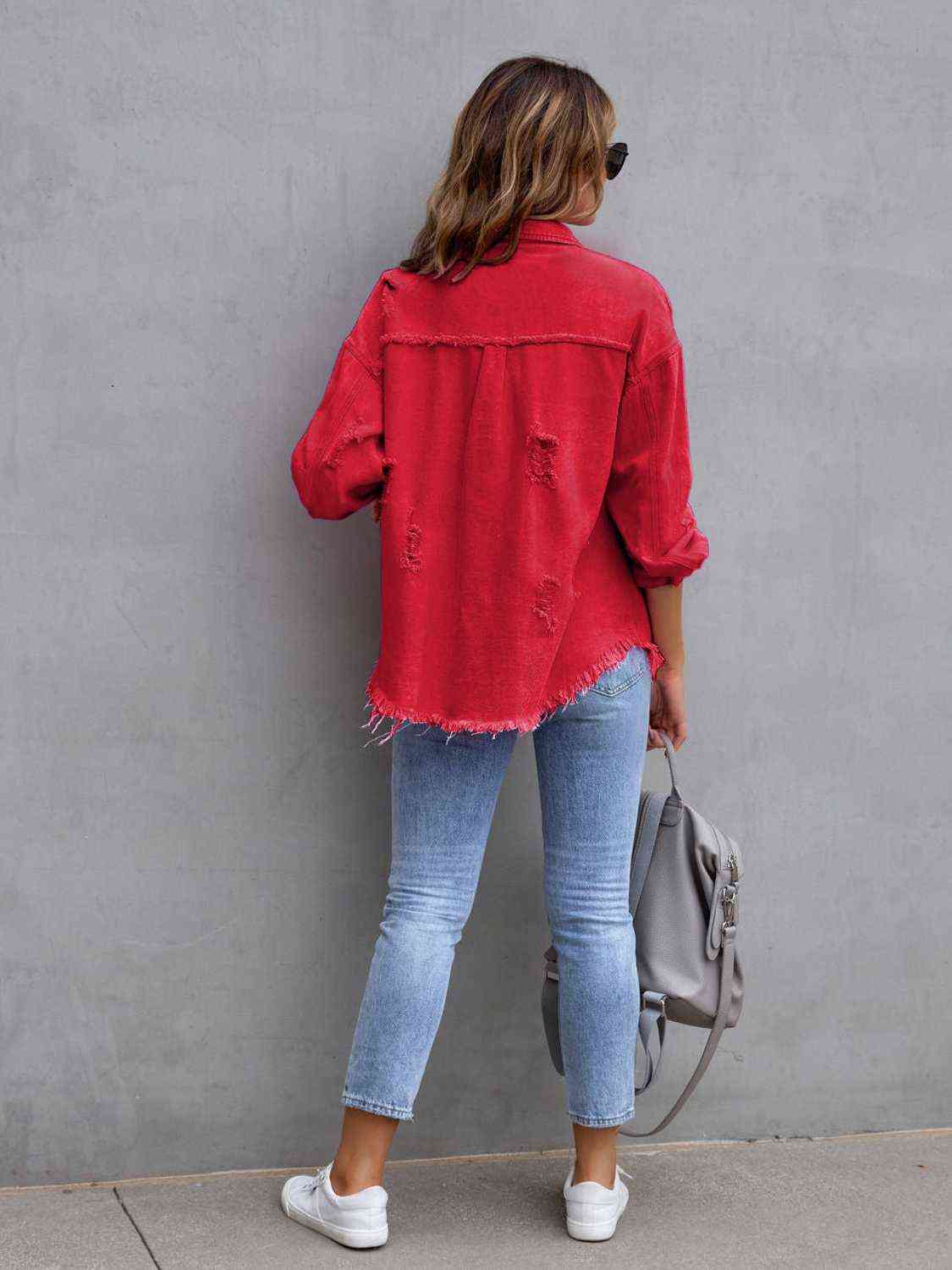 Distressed Drop Shoulder Denim Jacket - Trandify Deal