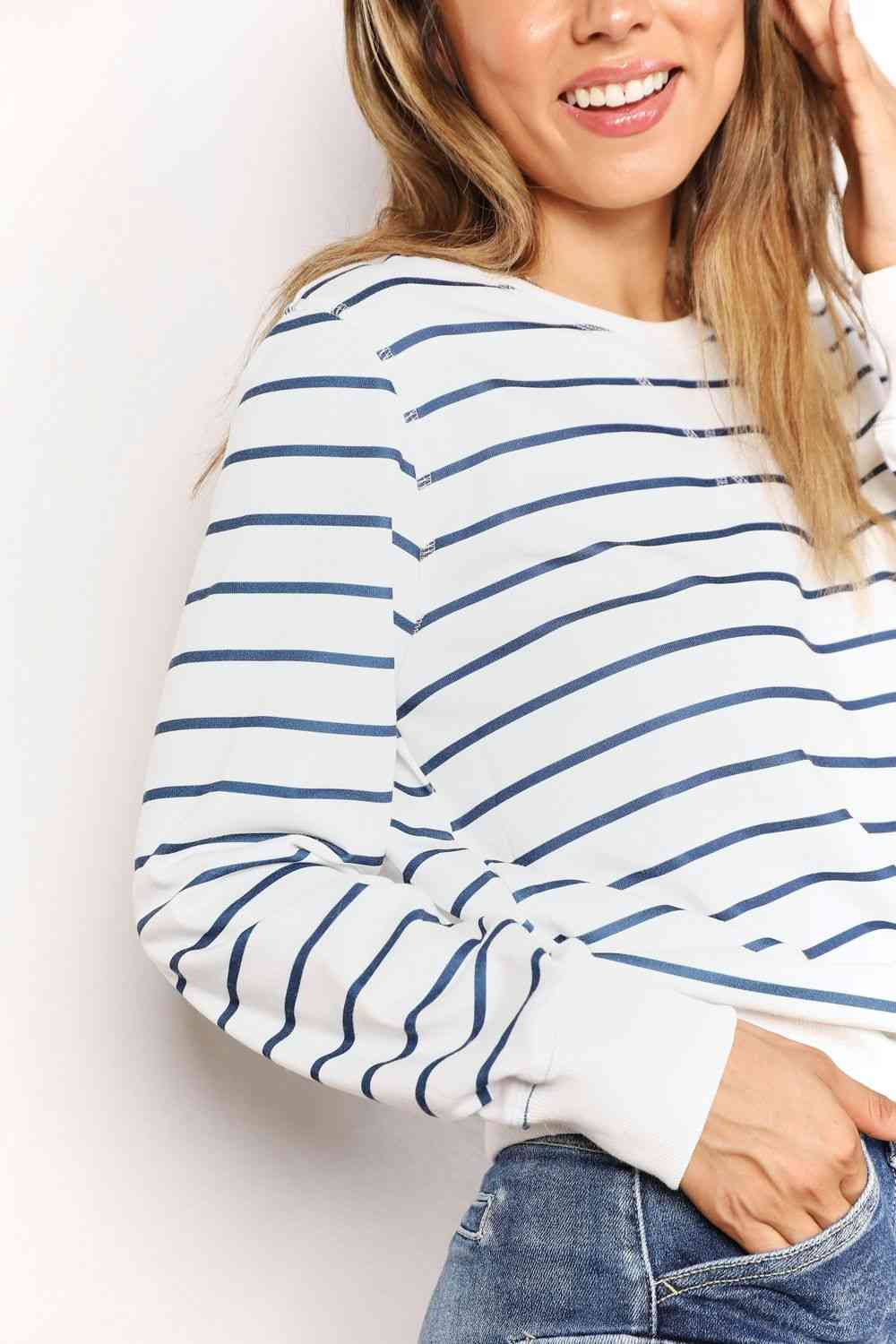 Double Take Striped Long Sleeve Round Neck Top Trandify deal