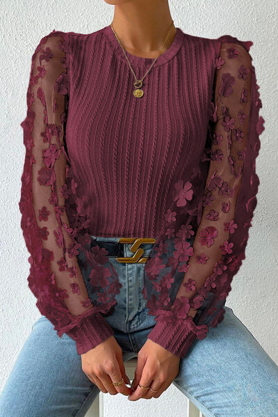 Double Take Textured Applique Long Sleeve Blouse Trandify deal