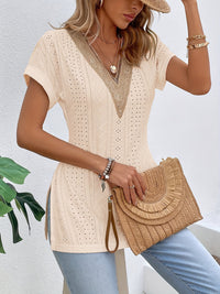 Slit Eyelet V-Neck Short Sleeve Blouse Trandify deal