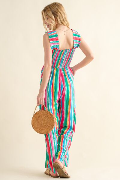 Full Size Striped Smocked Sleeveless Jumpsuit Trandify deal