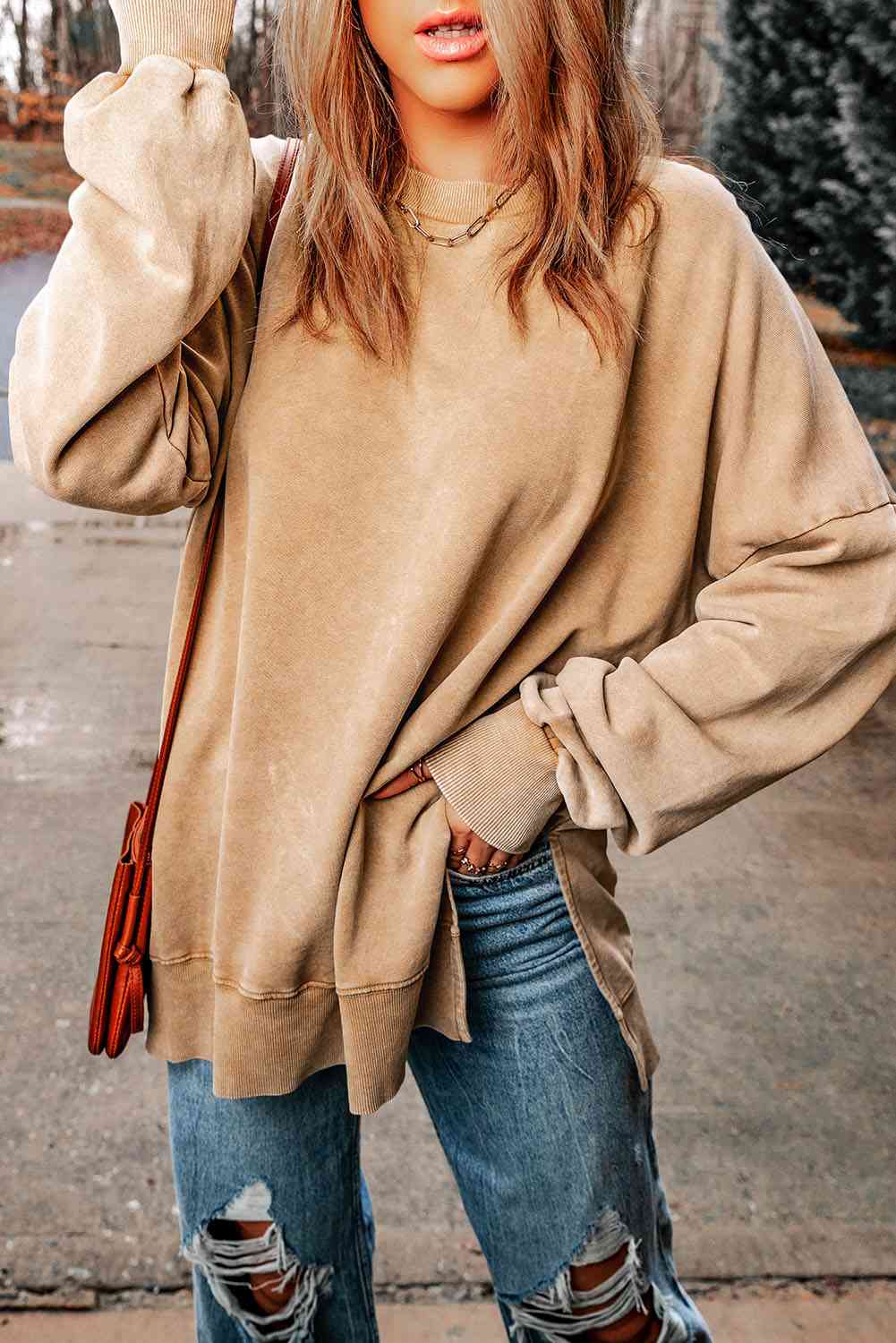 Dropped Shoulder Round Neck Long Sleeve Blouse Trandify deal